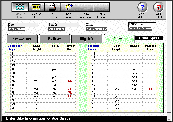 NEXT-FIT software showing the 4 frame sizes that could fit the current customer