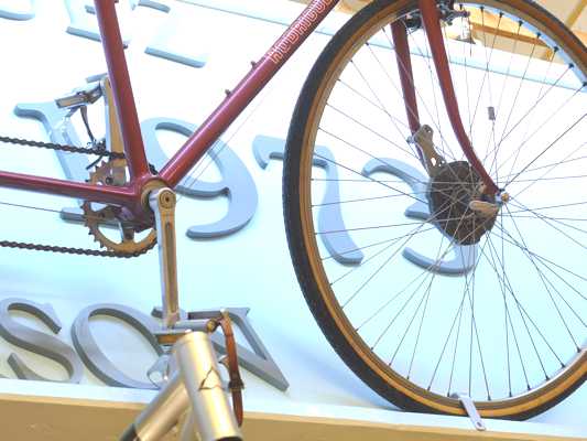 Close up of the 1979 Rodriguez Tandem, complete with Phil Wood roller brake front hub