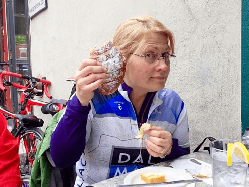 Theresa enjoys lunch on her bike tour